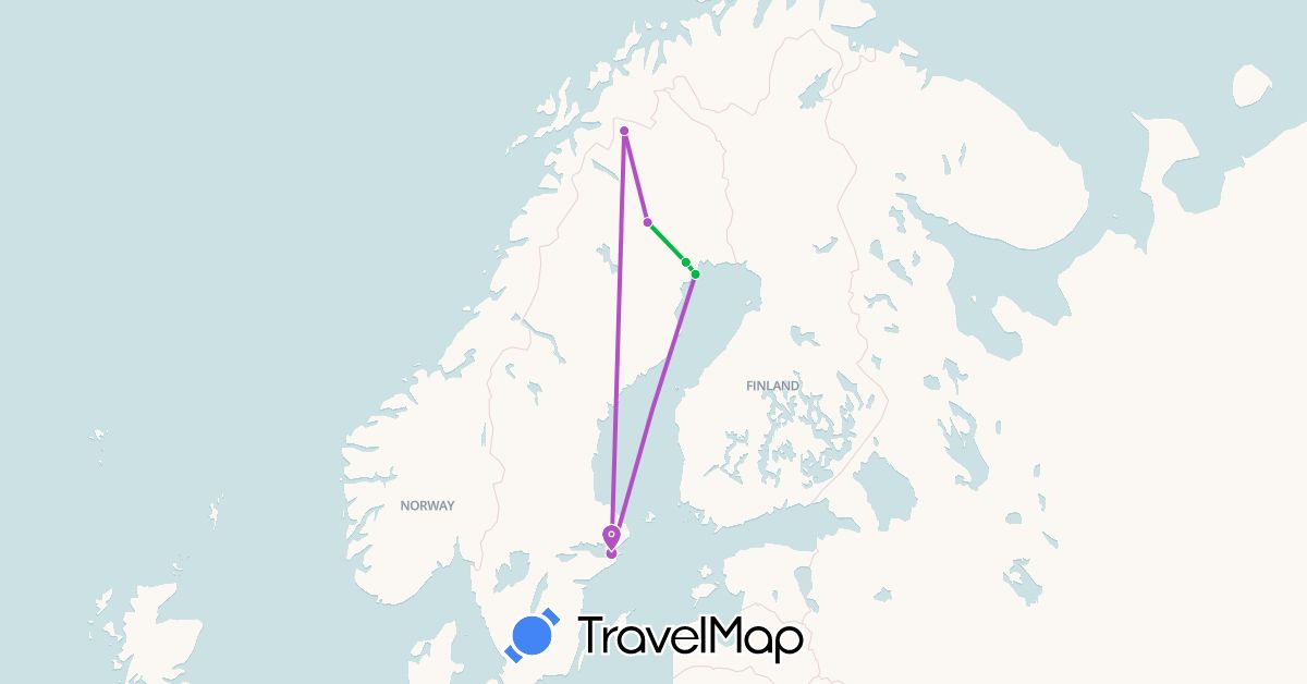 TravelMap itinerary: driving, bus, train in Sweden (Europe)